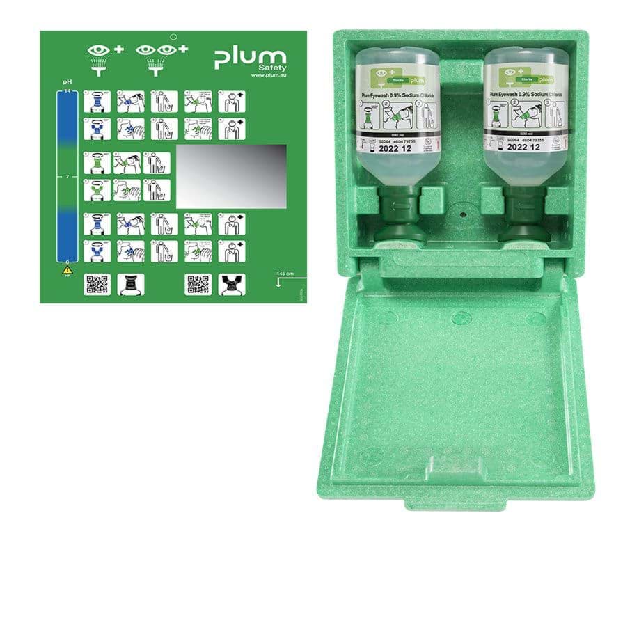 Bild von Plum Augenspülstation mit 2 Flaschen, in Wandbox mit separater Piktogrammtafel